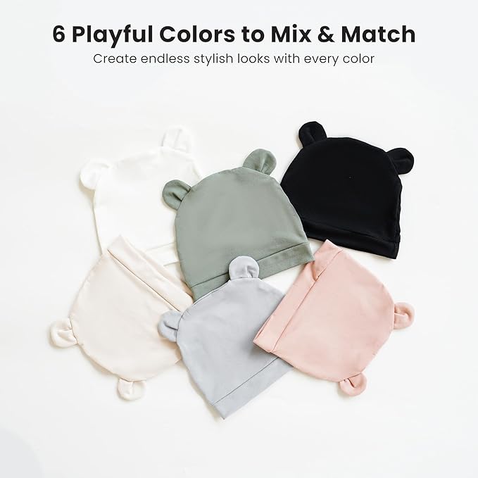 Konssy 6-Pack Baby Newborn Hats with Bear Ears Baby Beanie Hats - Soft Caps for Infant Boys & Girls, 0-3 Months