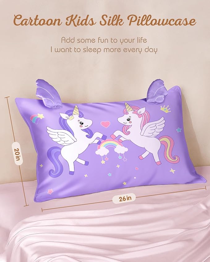 Kids Pillowcases Standard Size 20"x26" - Cute Cartoon Soft Breathable Silk Pillow Cases for Hair and Skin with Hidden Zipper for Girls Fun Kawaii Design for Bedding, Two Unicorns