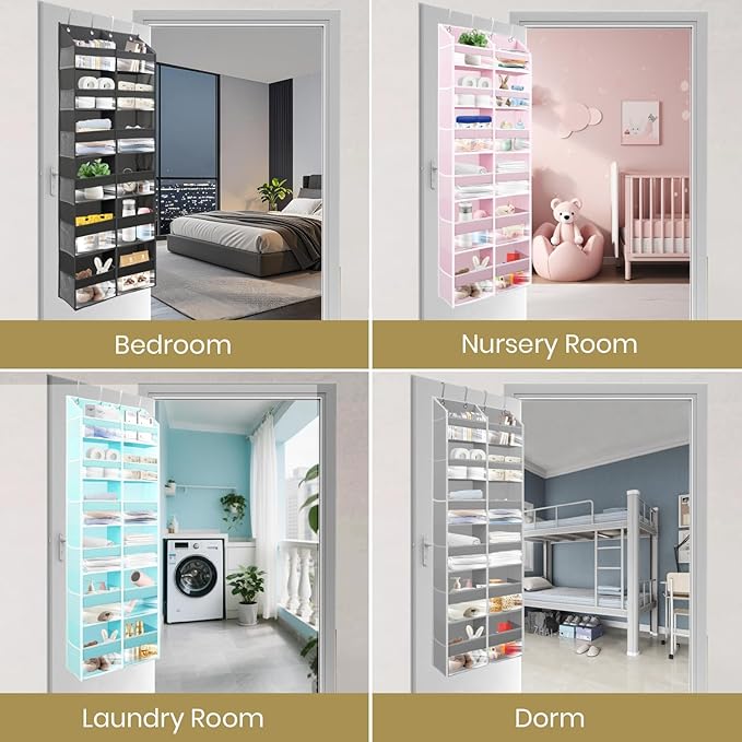 HOMELUX THEORY 2 PC Heavy Duty Over the Door Organizer 55x14x6.7, 6 Large Front & 12 Side Pockets, Hanging Storage Closet Door Organizer for Bedroom, Bathroom and Baby Nursery Storage (Transparent)