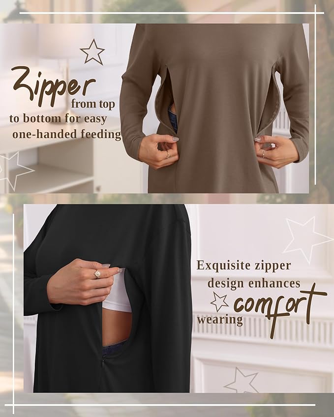 3 Pack Women's Nursing Breastfeeding Tops, Long Sleeve Maternity Shirts Oversize Hidden Zipper Pregnancy Clothes