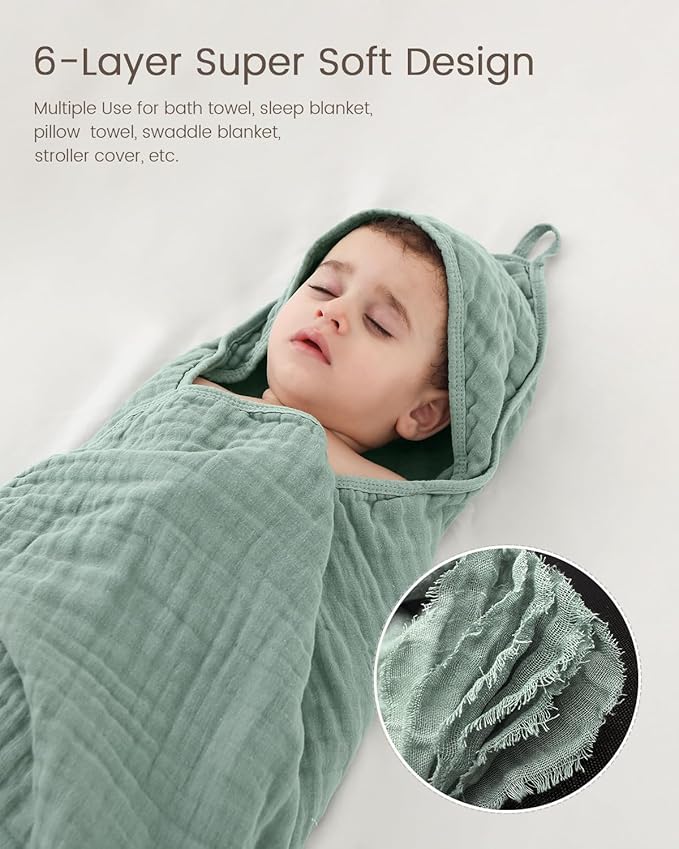 Hooded Baby Towels for Newborn, 35x35 Inch 2 Pack 100% Muslin Cotton Baby Bath Towel, Soft Baby Beach Towels with Hood for Infants, Toddlers and Kids, Essentials Must Haves