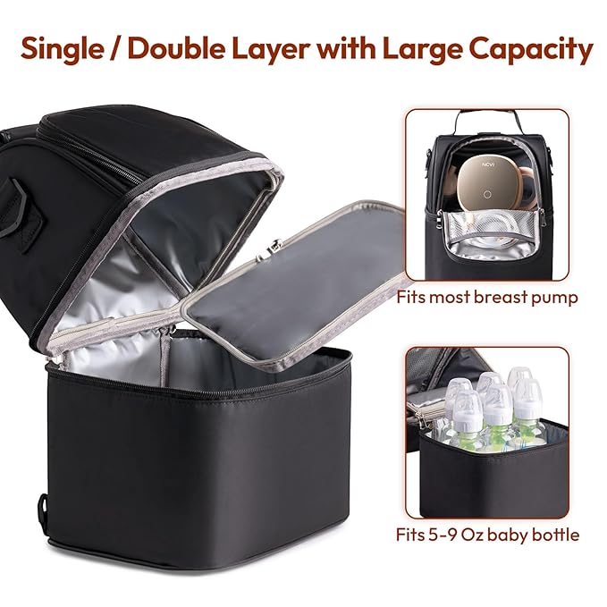 NCVI Breastmilk Cooler Bag with 2 Ice Pack, Breast Pump Bag with Cooler Fits 6 Bottles, Double Layer Breast Milk Travel Bag Baby Bottle, for Travel, Nursing Mom Daycare, Work, Picnic (Black)