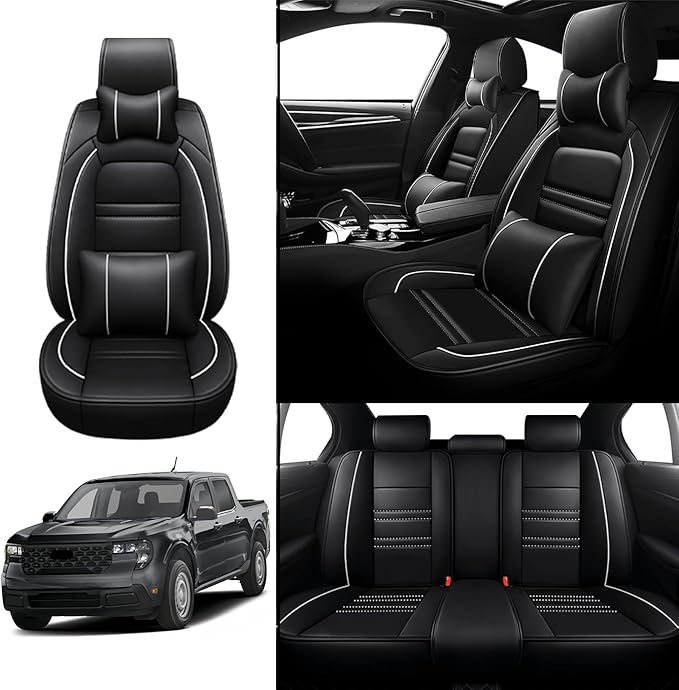 Car Seat Covers for Ford Maverick 2022-2025 | 5-Seats Seat Covers, Waterproof Seat Protectors, Automotive Seat Covers (Full Set with Pillow,Black&White Line)