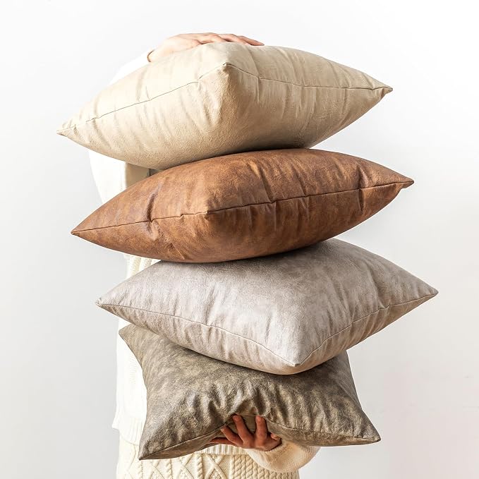 Pack of 2 Faux Leather Pillow Covers, Soft Rustic Farmhouse Neutral Vintage - Image 5