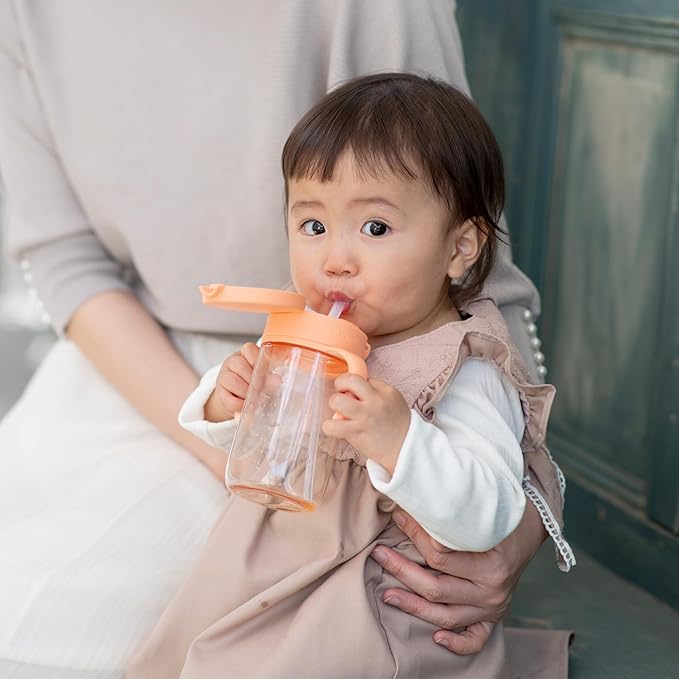 Richell On-the-Go Sippy Cup with Silicone Straw and Removable Handles, 10 oz, Easy Grip for Infant-Toddlers Peach