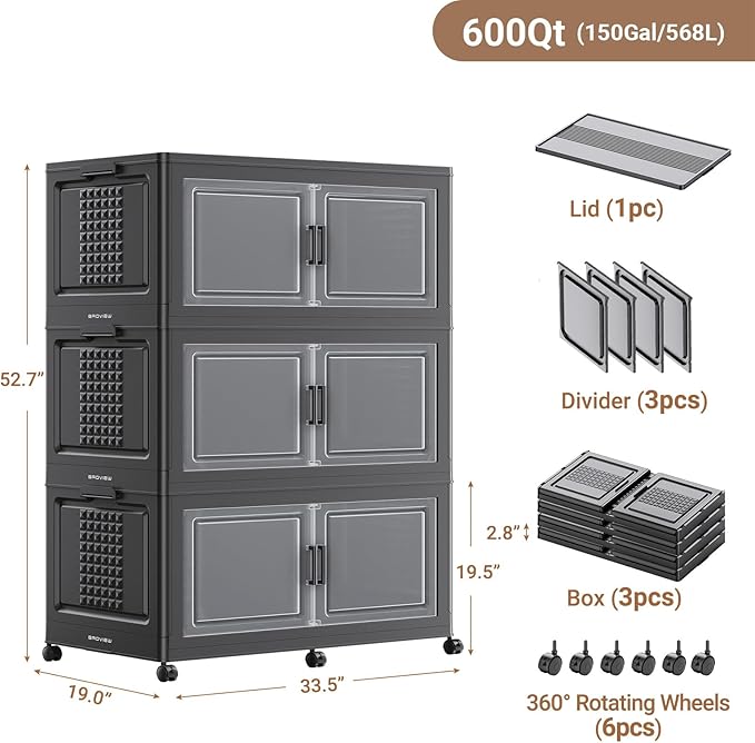 BROVIEW 600Qt Plastic Storage Bins with Lid and Wheels, 3Pack Extra Large Stackable Storage Bins with Dividers,Closet Organizers and Storage Cabinet Collapsible Box Shelves for Home Kitchen,Black