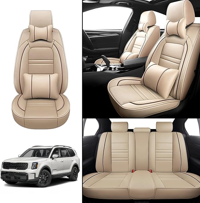Car Seat Covers for kia Telluride 2020-2025 | 5-Seats Seat Covers, Waterproof Seat Protectors, Automotive Seat Covers (Full Set with Pillow,Beige)