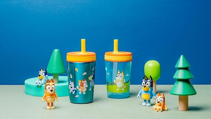 Zak Designs Bluey Kelso Tumbler Set, Leak-Proof Screw-On Lid with Straw, Bundle for Kids Includes Plastic and Stainless Steel Cups with Bonus Sipper, 3pc Set (Pack of 12)