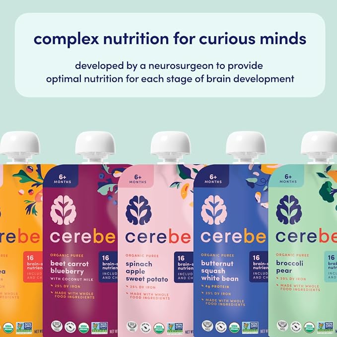 Cerebelly Organic Baby Food Pouches, Sweet Potato Mango Purees, 16 Nutrients, No Added Sugar, Fiber & Non-GMO, 4oz, 12 Pack