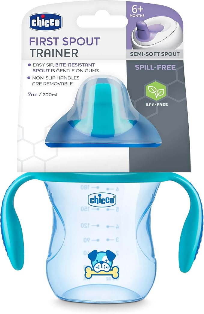 Chicco Semi-Soft Trainer with Bite-Resistant Spout and Spill-Free Lid 7oz.| Removable, Non-Slip Handles | Top-Rack Dishwasher Safe | Easy to Hold Ergonomic Indents | Blue| 6+ months