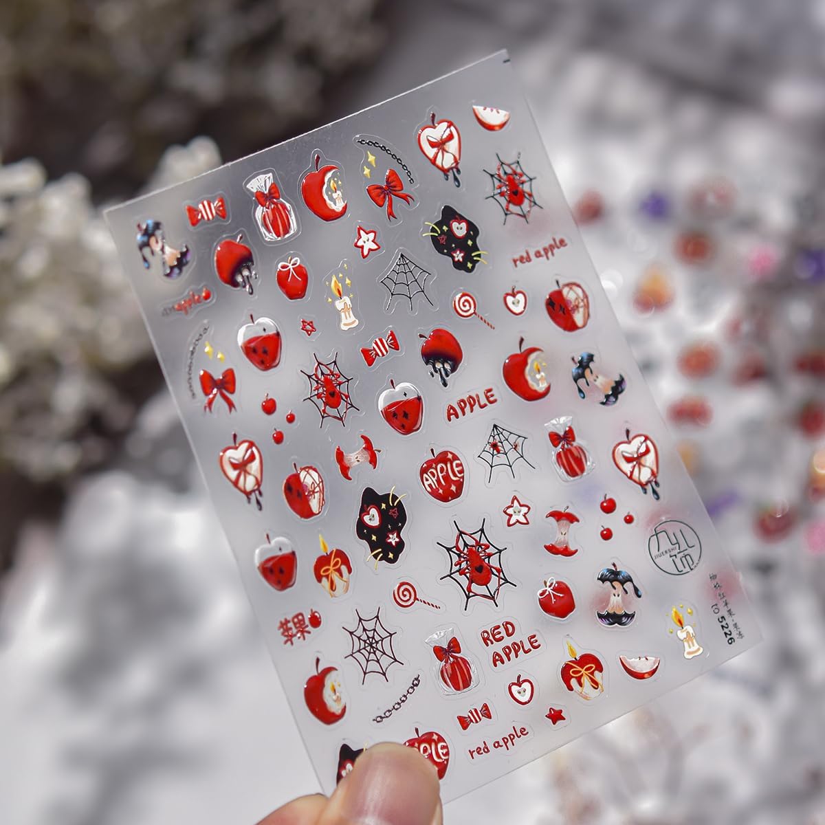 5D Halloween Nail Stickers Red Apple Theme Nail Decals Self-Adhesive Spider Web Gift Candy Browknot Design Thanksgiving Nail for Acrylic Nails DIY Holiday Decoration for Women Kids Party 1 Sheet