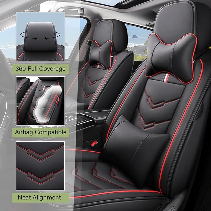 Leather Car Seat Covers Fit for LR Defender 2020-2025, 5 Seater Waterproof and Wear-Resistant Seat Cover Interior Accessories(Full Set with Pillow,Black&Red)