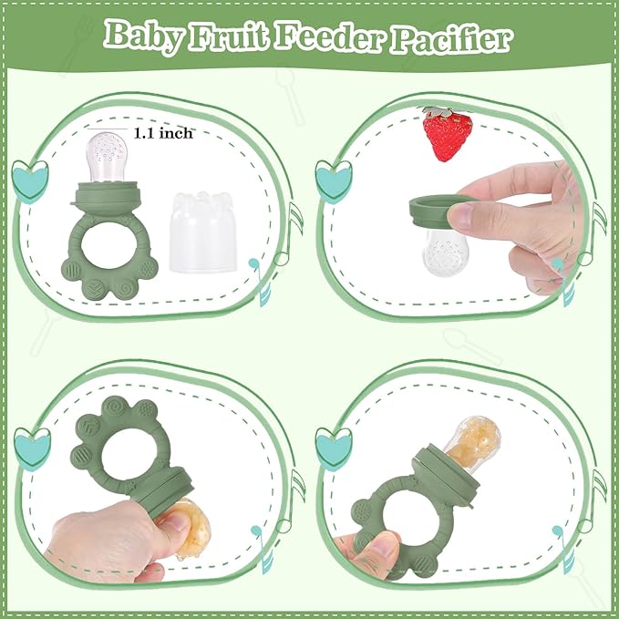 BXLL Olive Green 10 Pcs Baby Led Weaning Supplies - Silicone Baby Feeding Set with Suction Bowl, Divided Plate, Bibs, Fruit Feeder, Pacifier, Spoons, Forks, Sippy Cup & Snack Cup