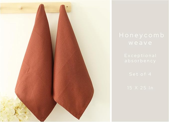 PurpleEssences Rust Waffle Weave Kitchen Towel, 100% Cotton - 15 x 25 Inches, with Hanging Loop Ultra Soft Absorbent Quick Drying Dish Cloth, Tea and Hand Towels, 4 Pack - Fall Thanksgiving - Rust