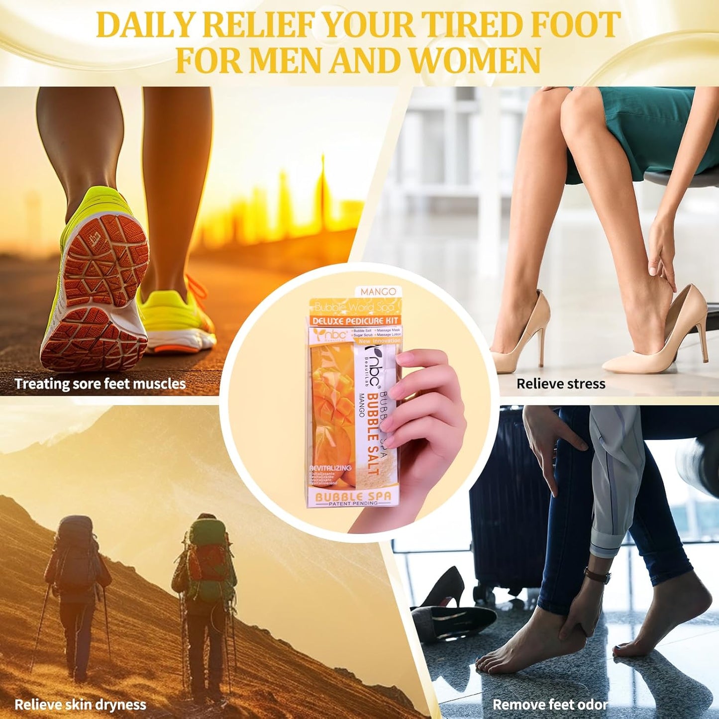 Pedicure Kit Foot Soak Set: Bubble Salt, Sugar Scrub, Massage Mask, Massage Lotion in a Box, 4 Step Foot Spa Kit for Dry Feet, Softens Calluses, Soothes Sore, Tired Feet（3 Set Rose)