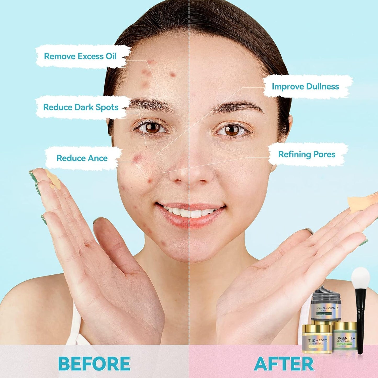 3PCS Clay Face Mask Skincare - Facial Skin Care Mask for Deep Pore Cleansing Turmeric Dead Sea Mud Green Tea Purifying and Hydrating - Reduce Acne Blackheads for Women and Men 2.5 OZ each