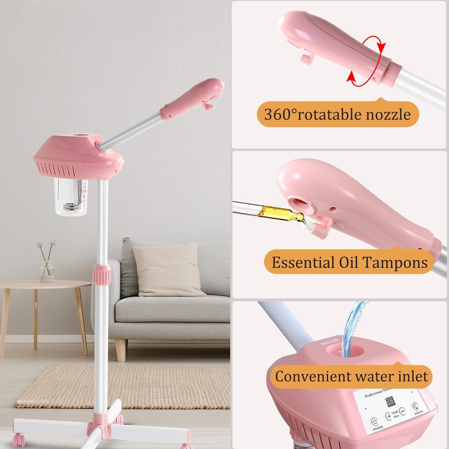 Face Steamer on Wheel Professional Ozone Face Steamer for Deep Facial Cleansing Pink