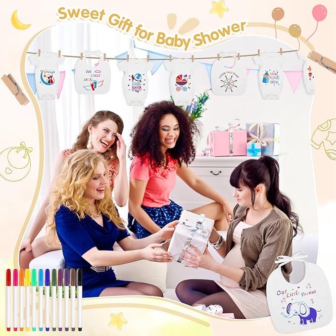 Pydeeirom 151 Pcs Baby Shower Game Decorations Kit with Bibs, Bodysuits, Wooden Sign & Fabric Markers (Classic)