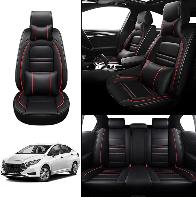 Car Seat Covers for Nissan Car Versa 2007-2025 | 5-Seats Seat Covers, Waterproof Seat Protectors, Automotive Seat Covers (Full Set with Pillow,Black&Red Line)
