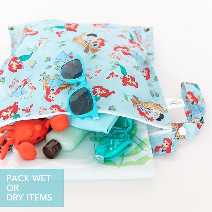 Bumkins - Waterproof Wet Bag & Clear Travel Bags - For Beach, Baby, Travel, Swim Suit, Cloth Diapers, Pump Parts, Pool, Gym, Toiletries - Reusable & Easy to Clean - Disney Ariel - 4 Pack