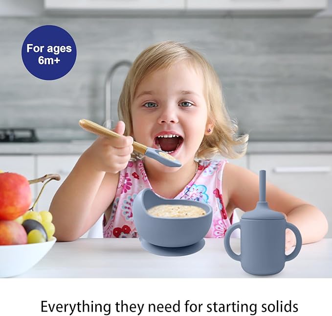 LITTLE RAWR Silicone Baby Feeding Set 14 Pcs,Baby Led Weaning Supplies, Baby Spoons Suction Bowl Divided Plate Bib Cup Finger Brush,First Stage Solid Food Eating Utensils - 6+ Months(Blue Gray)