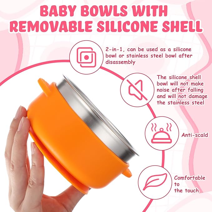 Nuogo 6 Pcs Stainless Steel Baby Bowls with Removable Silicone Shell 304 Toddler Bowls Kids Anti Scald Snack Container for Food Feeding, Dishwasher Safe(Red Series Color,Suction-a)