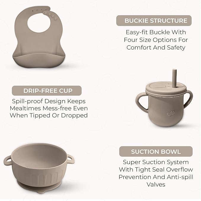 SiliFeed Silicone Baby Feeding Set – Durable, Non-Toxic Mealtime Kit with Suction Bowl, Bib, Placemat, and Soft Spoons for Infants and Toddlers