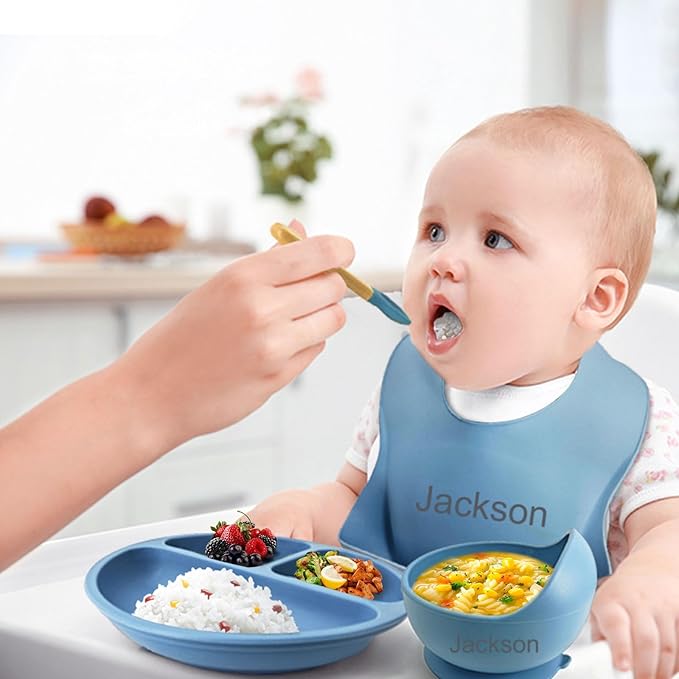 Personalized Silicone Baby Feeding Set with Name, Customized Baby Led Weaning Supplies Self Feeding Eating Utensils with Spoon, Fork, Silicone Suction Bowls, Cup, Plate Dark Purple