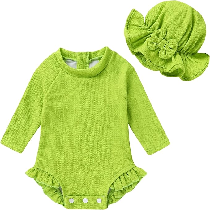 YOUNGER TREE Infant Baby Girls Swimsuit Long Sleeve Swimsuits One Piece Swimsuit Solid Color Bathing Suit with Hat, UPF 50+