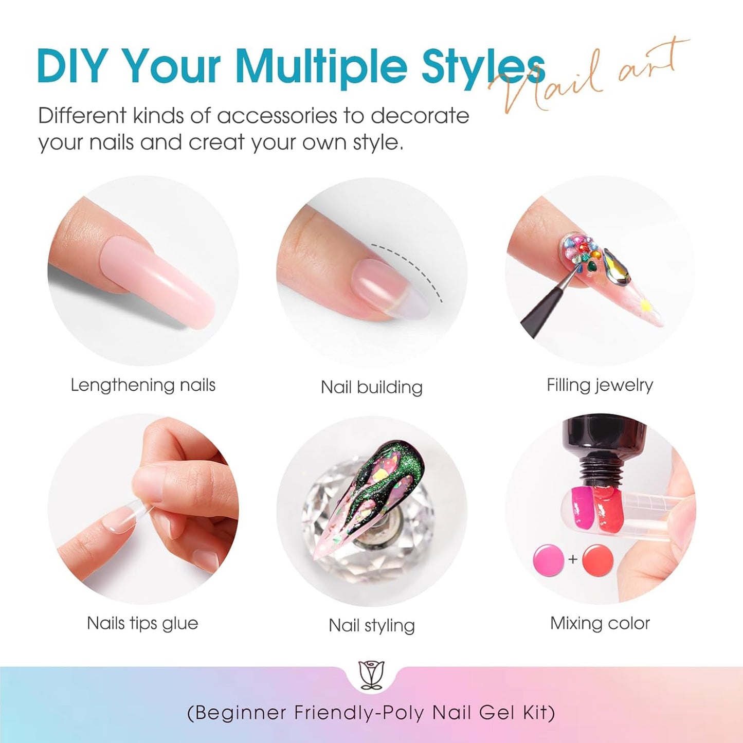 ROSALIND 20 Colors Poly Nail Gel Kit with Mini Nail Lamp Glitter Poly Nail Gel Kit Collection with Tools Clear All Seasons Classic Colors Halloween Starter Kit