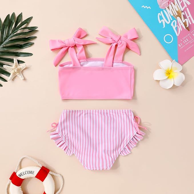 Toddler Swimsuit Girl Color Block Stripe Swimwear Baby Girl Summer Beach Bathing Suits Bikini Set with Ruffled Edges