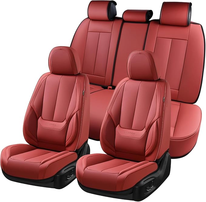 Coverado Car Seat Covers Full Set, Car Seat Protector Waterproof, Nappa Leather Car Seat Cushion, Red Seat Covers for Cars, Front Seats and Back Universal Fit for Most Cars