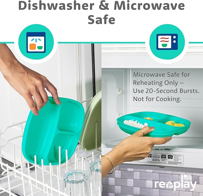 Re-Play Toddler Plates with Dividers - Deep-Walled 3 Compartments Divided Plates for Kids with 3 Lids - Dishwasher & Microwave Safe - Made in USA - Set of 3-7.37" x 7.37" x 1.25" - Easter