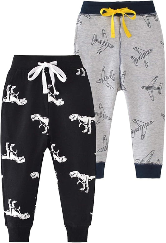 HUAER& Baby Boy's Jogger Pants Dinosaur Car Animal Print Drawstring Elastic Sweatpants 2-Pack