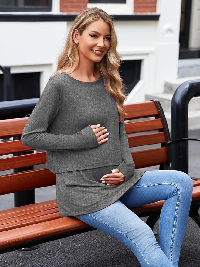 Ecavus Women's 3Pack Maternity Nursing Shirts Long Sleeve Double Layer Breastfeeding Shirts Comfy Pregnancy Clothes
