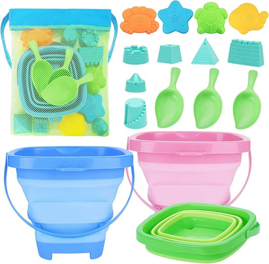 Collapsible Beach Toys for Kids, 3 Pack Foldable Sand Buckets and Shovels Set with Mesh Bag, Silicone Pails for Beach Travel Essentials, Easter Egg Hunt, Sand Toys Molds for Kids and Toddlers