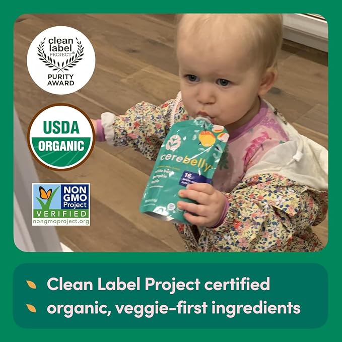 Cerebelly Organic Baby Food Pouches, White Bean Pumpkin Apple Purees, 16 Nutrients, No Added Sugar, Fiber & Non-GMO, 4oz, 6 Pack
