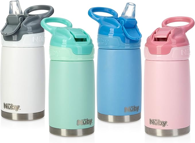 Nuby Thirsty Kids No Spill Flip-It Reflex Stainless Steel Travel Cup or Water Bottle - 10 Oz - 18+ Months - White - Back to School Essentials