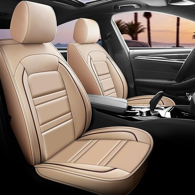 Seat Covers for Toyota Yaris 2007-2020 | 5-Seats Leather Seat Covers, Easy to Install Automotive Seat Covers Full Set (Full Set, Beige)