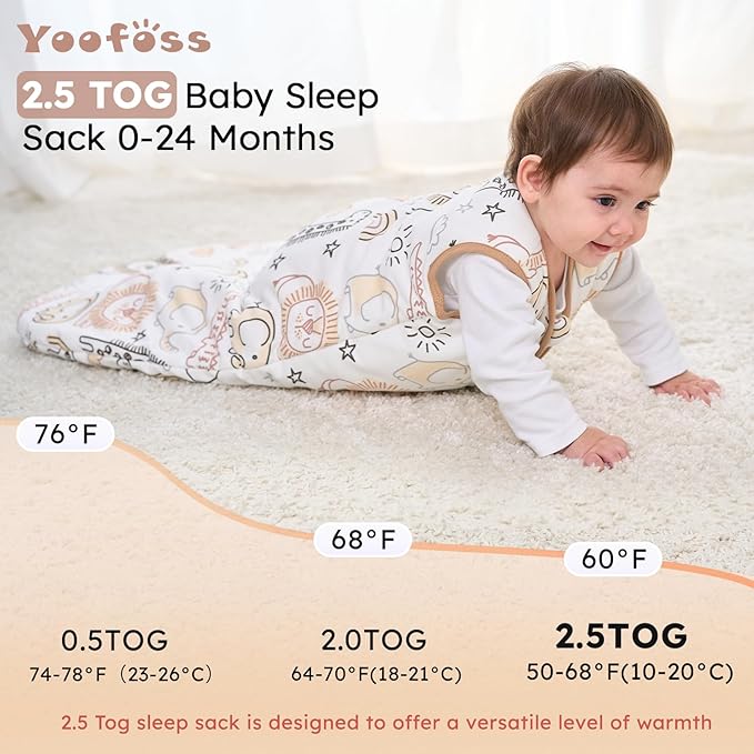 Yoofoss Baby Sleep Sack 6-12 Months, TOG 2.5 Baby Wearable Blanket with 2-Way Zipper, 100% Organic Cotton Fabric Winter Newborn Sleeping sack, Warm Soft Comfy(Medium)