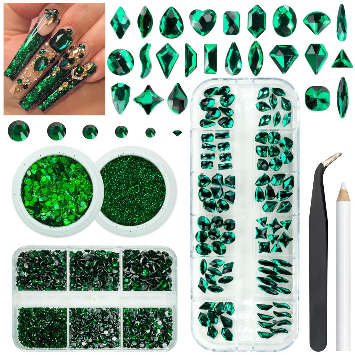 4 Boxes Emerald Green Rhinestones Glitters 24 Shapes K9 Glass Gems Stones Flatback Round Diamonds Crystals Nail Art Charms Supplies for Nails Faces Eyes Makeup Body DIY Crafts Tumblers Bottles