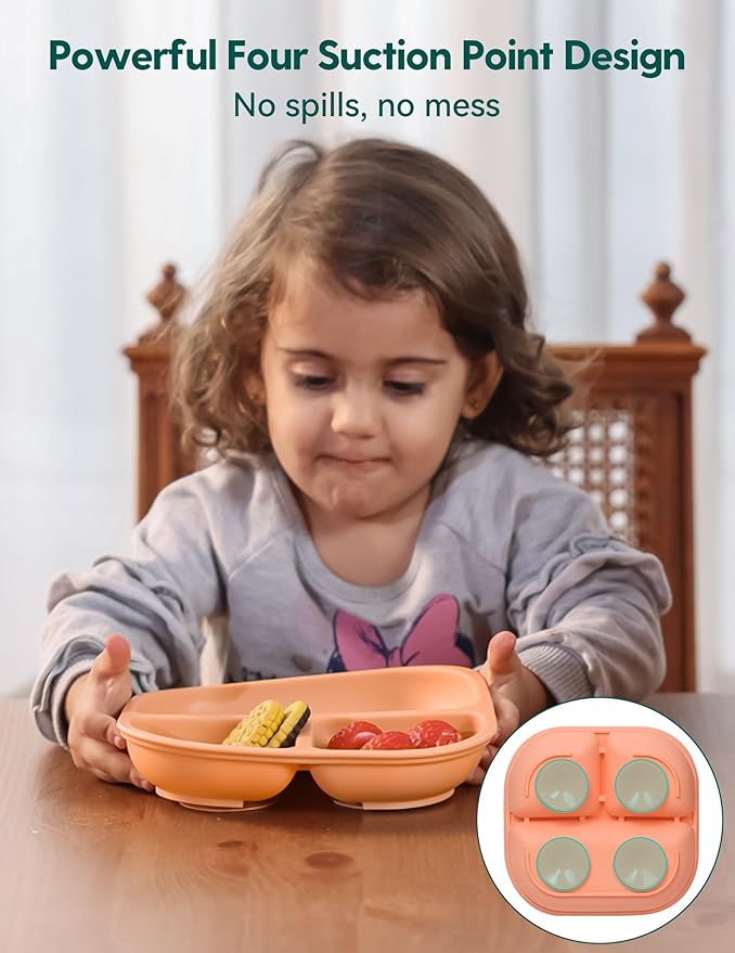 BABELIO Powerful Suction Plates for Baby and Toddler, 100% Food Grand Silicone, Divided, BPA Free, Microwave & Dishwasher Safe, Stay Put, 3 Pack