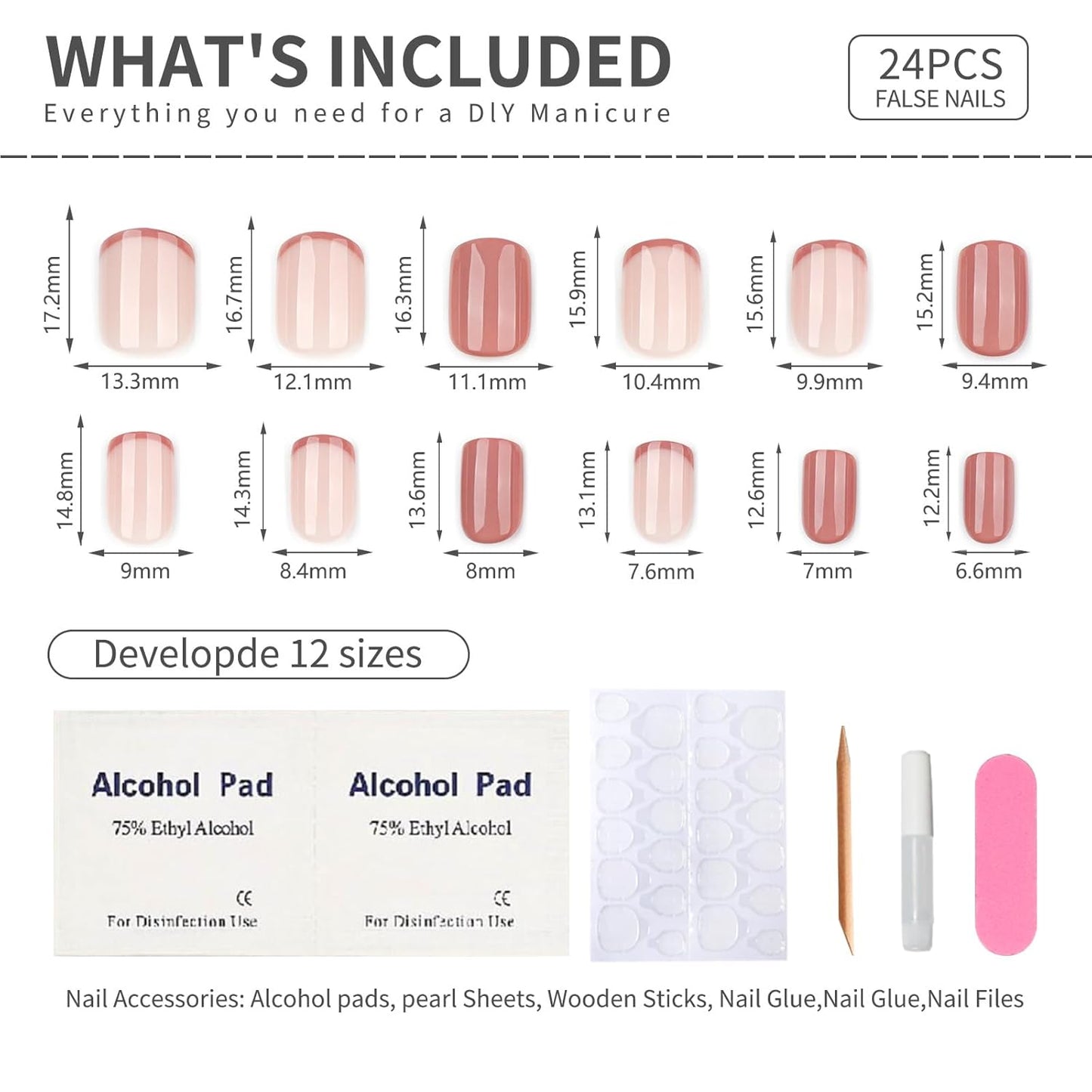 Brown French Tips Press On Nails Short, Acrylic Press On Nails Square with Nail Glue, Glossy Fake Nails Kit, Thick Natural Reusable Glue On Nails for Women, 24Pcs