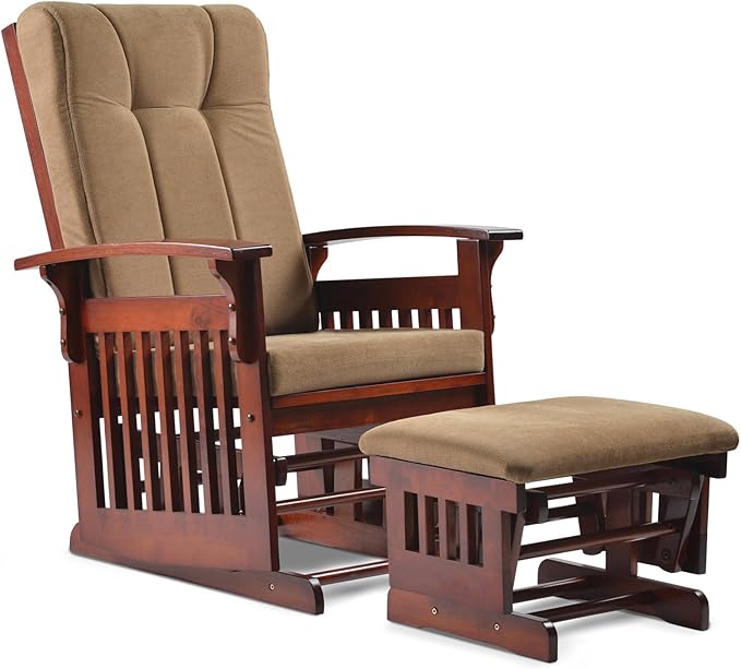 Solid Wood Rocking Glider Chair with Ottoman Cushion Set, Antique Rocking Chair with Arm Rest for Nursery Living Room Bedroom, Brown Yellow