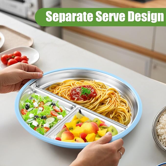 BUSOHA 2 Pack Stainless Steel Kids Plate with Suction - 9” Divided Toddler Baby Plates with Silicone Sleeves Non-Slip 2-in-1 Anti Breakage Metal Toddler Bowls Microwave Dishwasher Safe