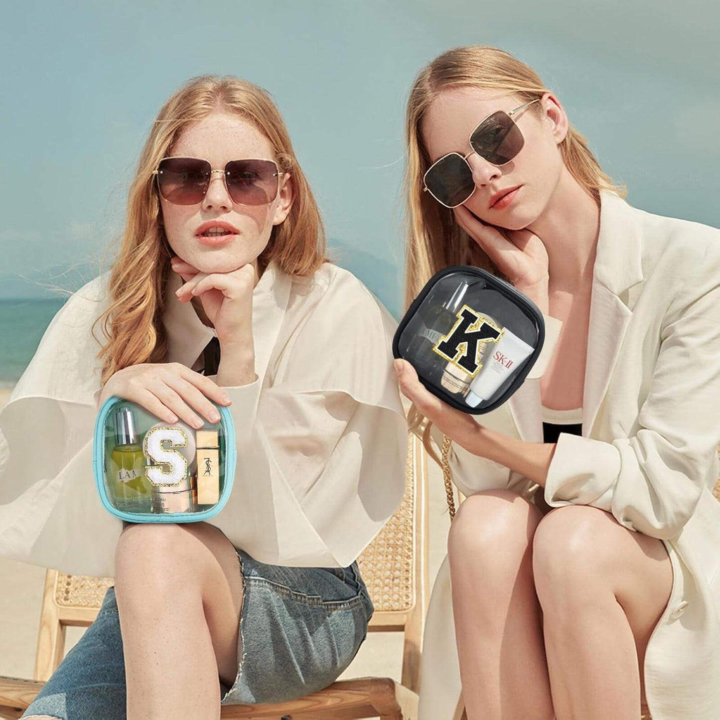 YOOLIFE Initial Make Up Bag Travel Toiletry Bag, Clear Makeup Bag Preppy Cosmetic Bags Organizer Travel Essentials Gifts for Women Teen Girlfriend Teacher Mom Birthday Mothers Day Gifts Blue E