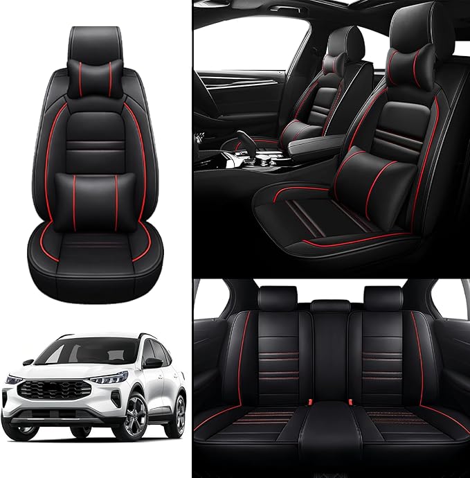 Car Seat Covers for Ford Escape 2001-2025 | 5-Seats Seat Covers, Waterproof Seat Protectors, Automotive Seat Covers (Full Set with Pillow,Black&Red Line)