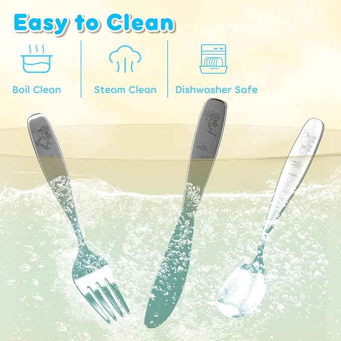 Lehoo Castle Kids Silverware Stainless Steel, 6pcs Toddler Spoons and Forks Knife Set, Safe Children Flatware, Silverware for Toddlers, Toddler Utensils Self Feeding (Construction Vehicles)