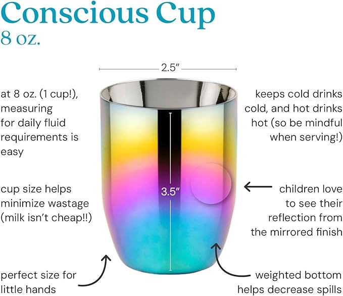 Ahimsa Stainless Steel Kids Cup - Pediatrician Designed Toddler Cups for Open Cup Training, 8oz, 100% BPA Free & Dishwasher Safe (Rainbow Single)