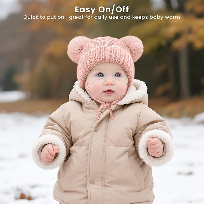 Konssy 2 Pack Baby Winter Hat with Earflaps, Warm Knit Beanie, Cozy Baby Hat for Boys & Girls 0–6 Months
